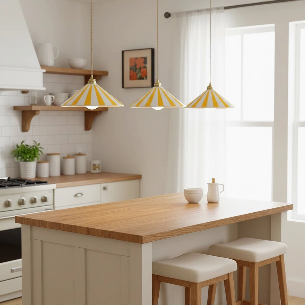 Bobine mid-century pendant light product display with striped glass shade