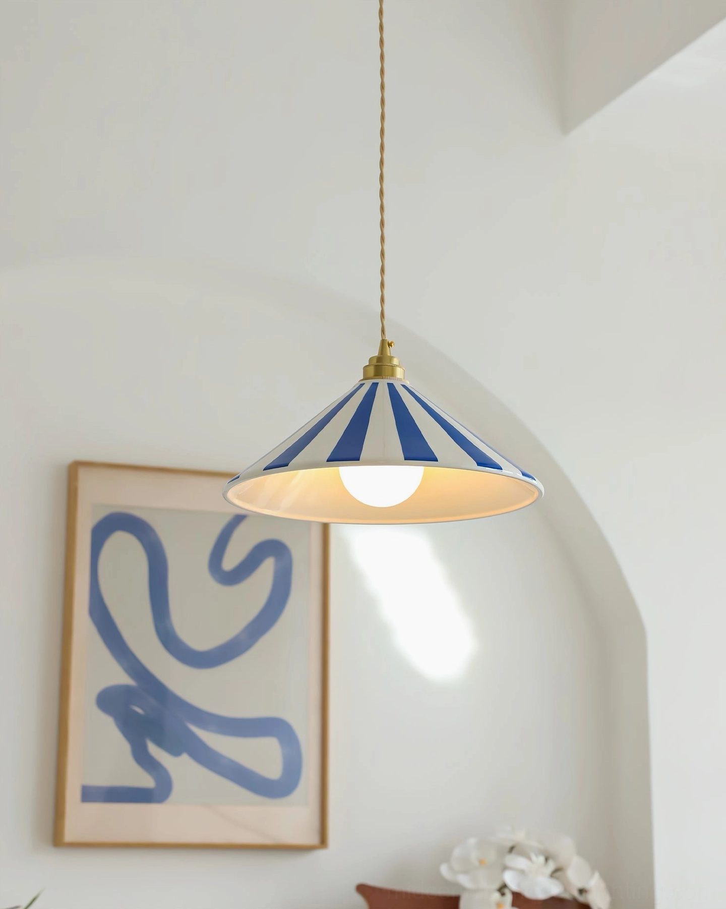 Bobine striped pendant light with twisted fabric cord and glass shade showcase