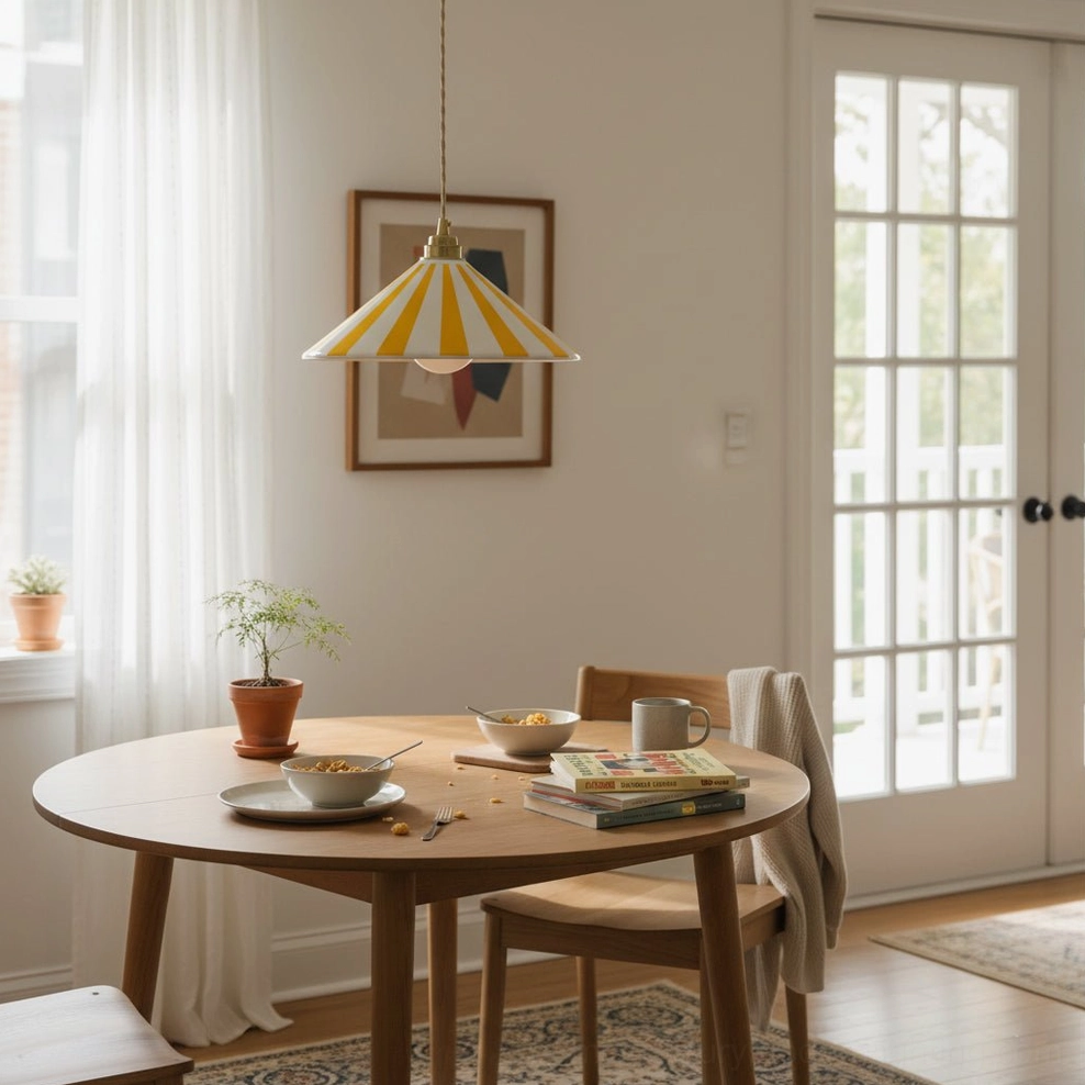 Bobine vintage style striped pendant light with brass and ceramic hardware