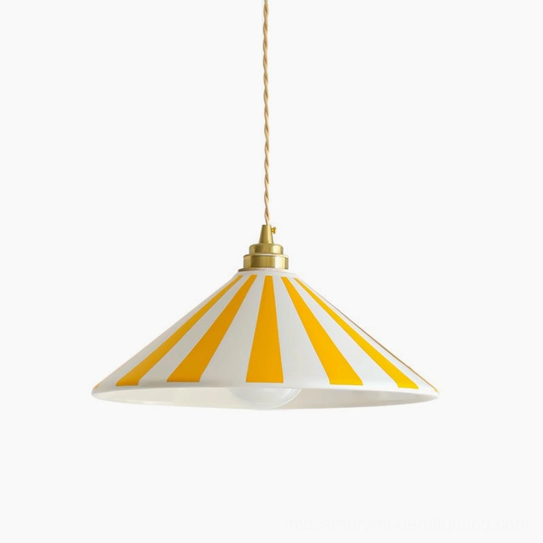 Yellow and white striped Bobine cone pendant light cheerful retro design