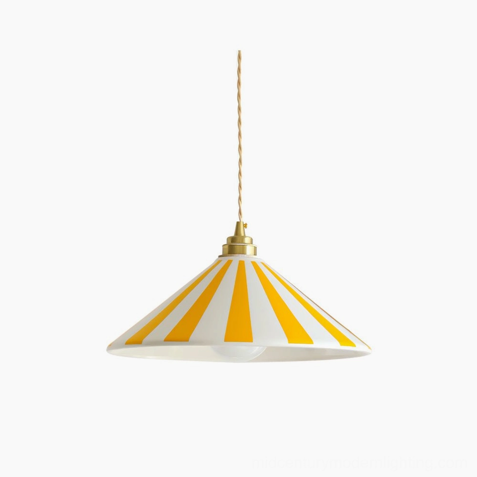 Bobine striped cone pendant light with yellow and white stripes, polished brass fixture, twisted cord, studio view