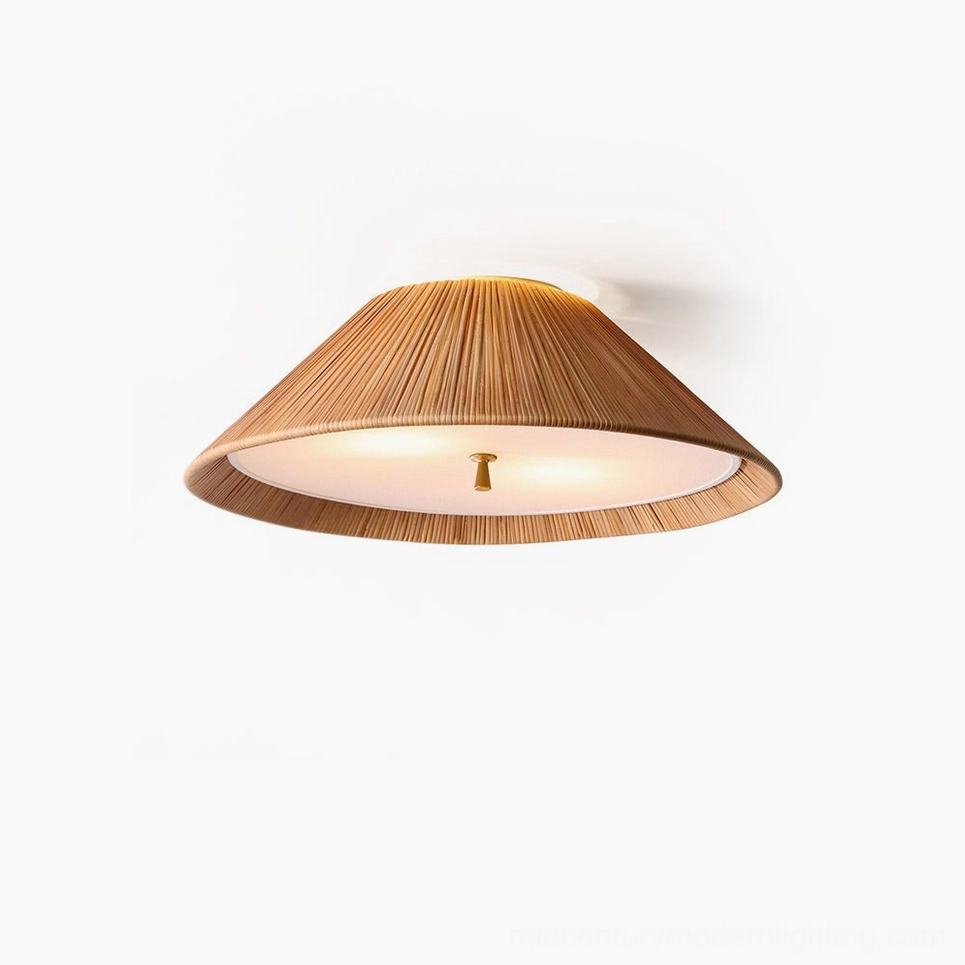 Bodie rattan ceiling flush mount light fixture front overhead view with warm woven texture