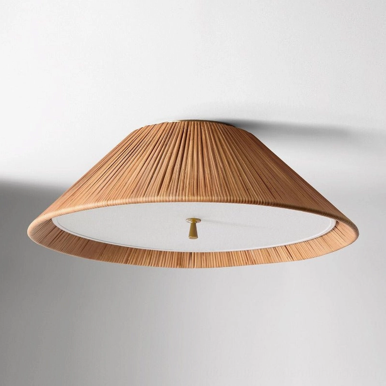 Bodie rattan ceiling light side view showing profile depth and brown woven shade with white panel