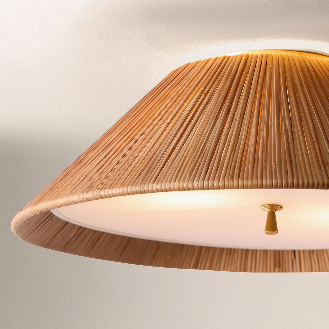 Bodie extra-wide brim rattan ceiling light close-up showing hand-woven texture and brass finial