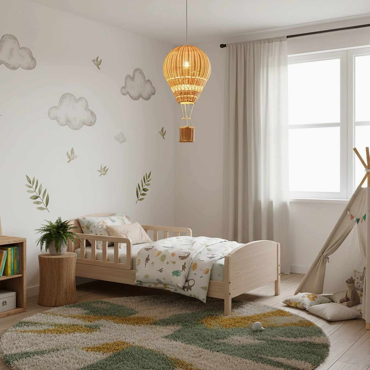 Handwoven rattan hot air balloon pendant in bohemian kids room with plant wall decals and patterned bedding