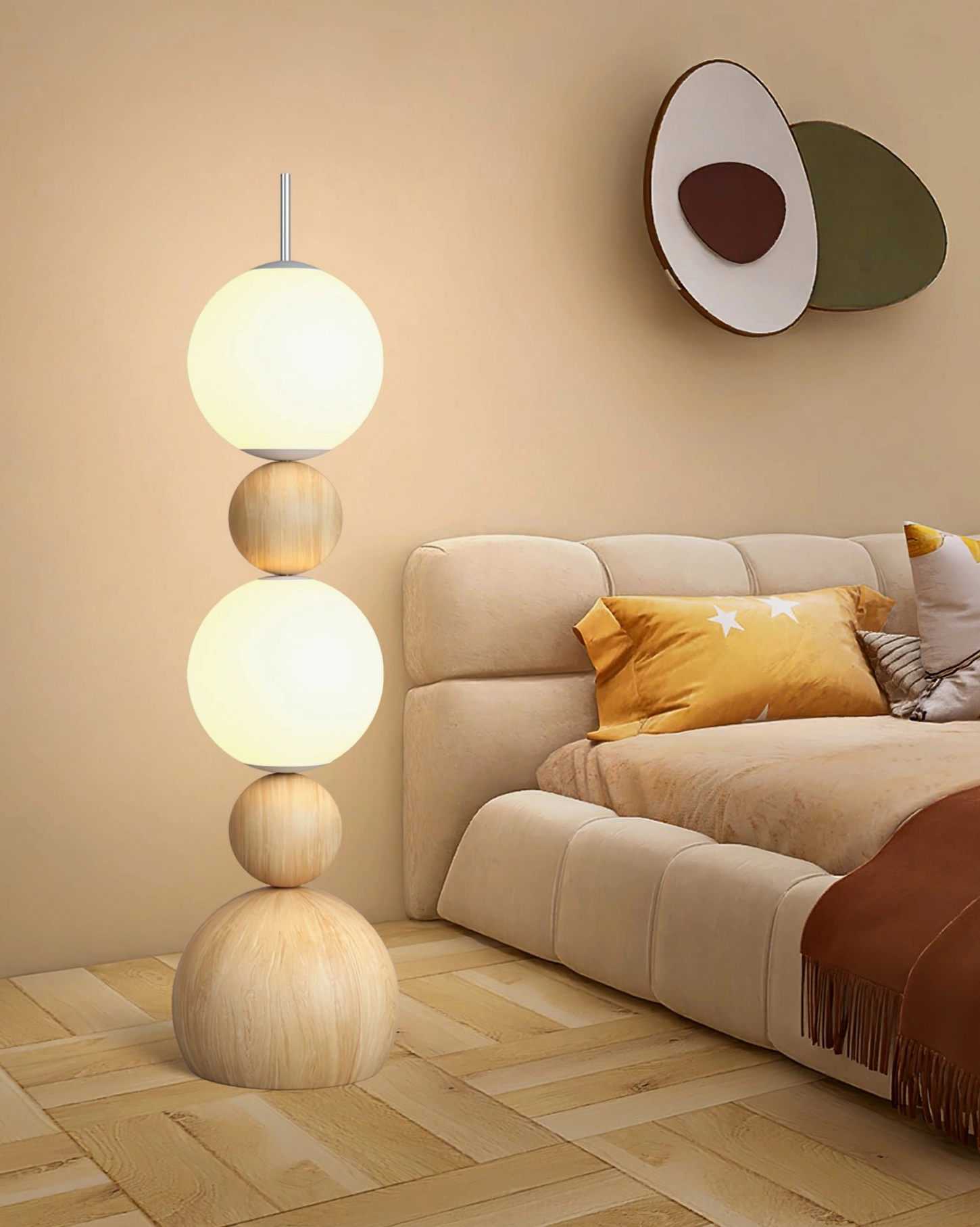 Bola stacked glass sphere floor lamp with warm glow in beige bedroom with frosted glass diffusers