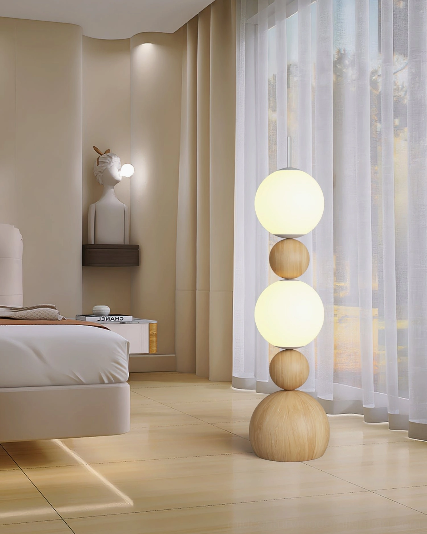 Bola floor lamp unlit in minimalist bedroom with sheer curtains and natural light wood finish