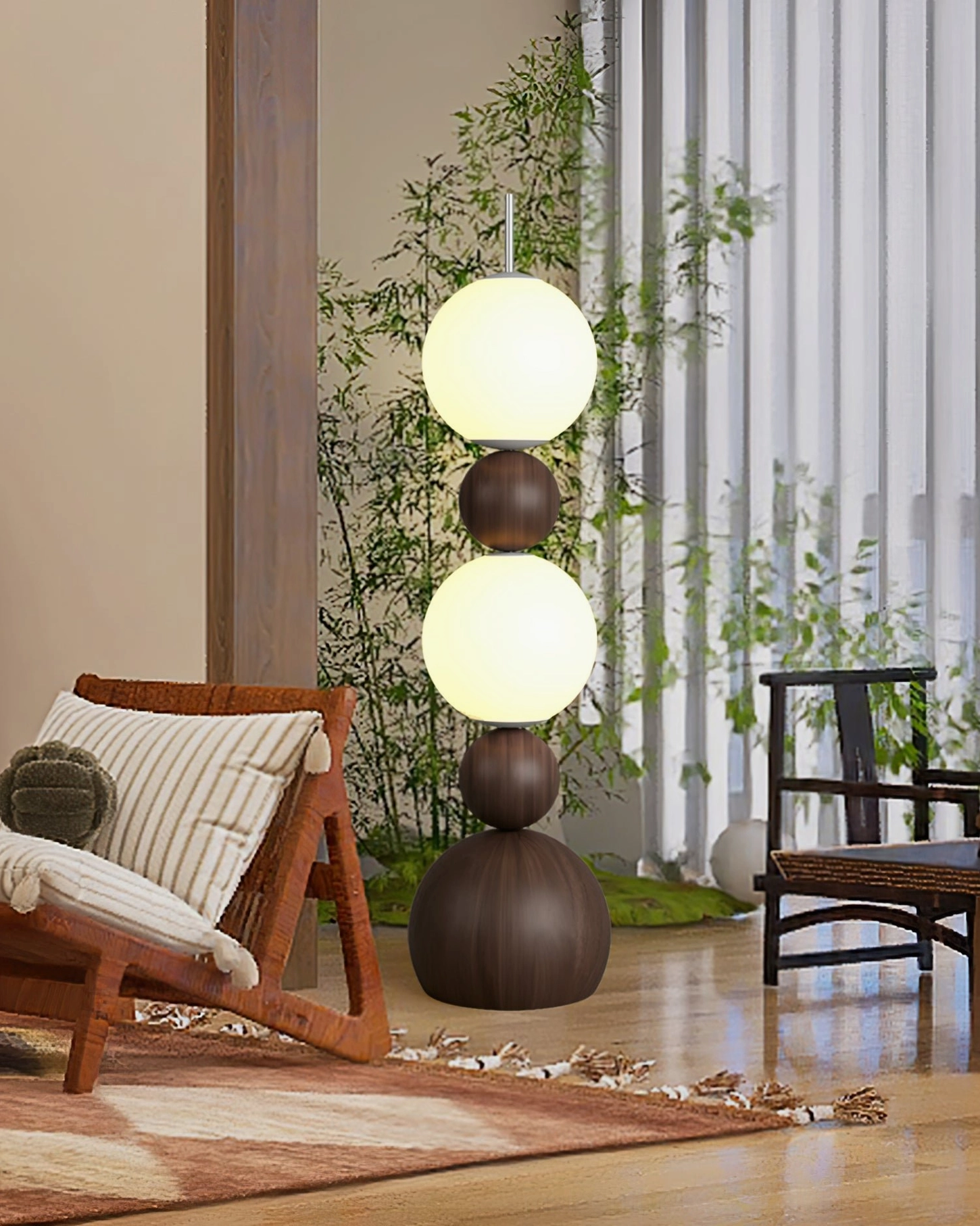 Bola stacked sphere lamp glowing warmly in boho minimalist living room with green plants and wooden furniture