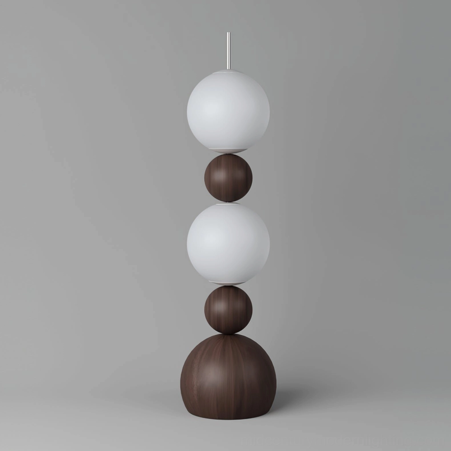 Bola mid-century modern floor lamp with white and walnut brown geometric sphere design on gray background