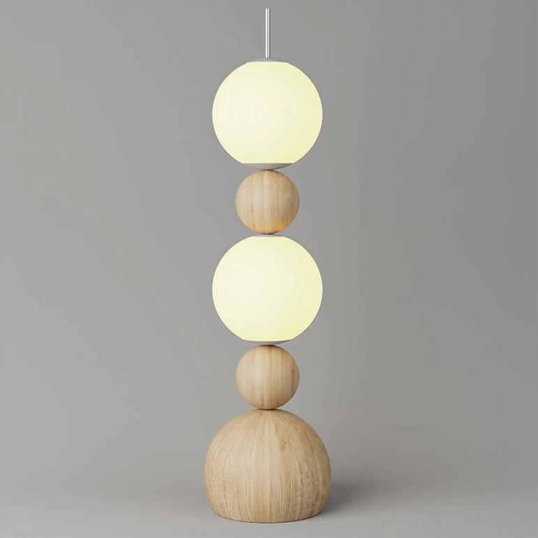 Bola mid-century modern floor lamp with natural wood finish and geometric frosted glass sphere design