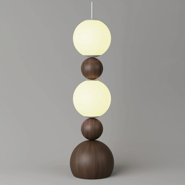 Bola stacked sphere floor lamp with walnut wood finish and frosted glass orbs architectural lighting piece