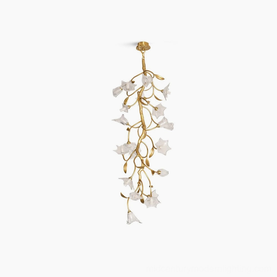 Botanical branch chandelier full product showcase with gold frame and clear glass decorative blooms