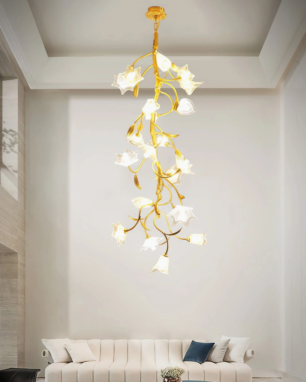 Botanical glass flower chandelier in contemporary interior with modern furniture and neutral color palette