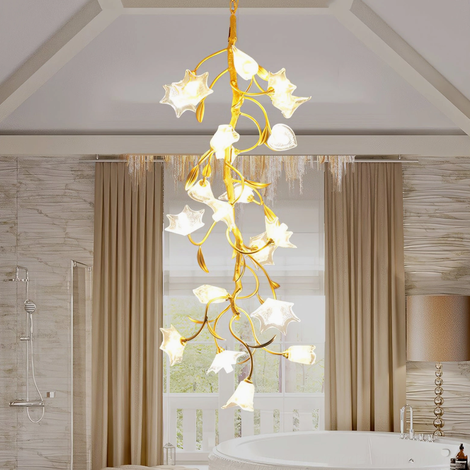 Botanical branch chandelier in luxury bathroom setting with marble walls, beige curtains, and bathtub background