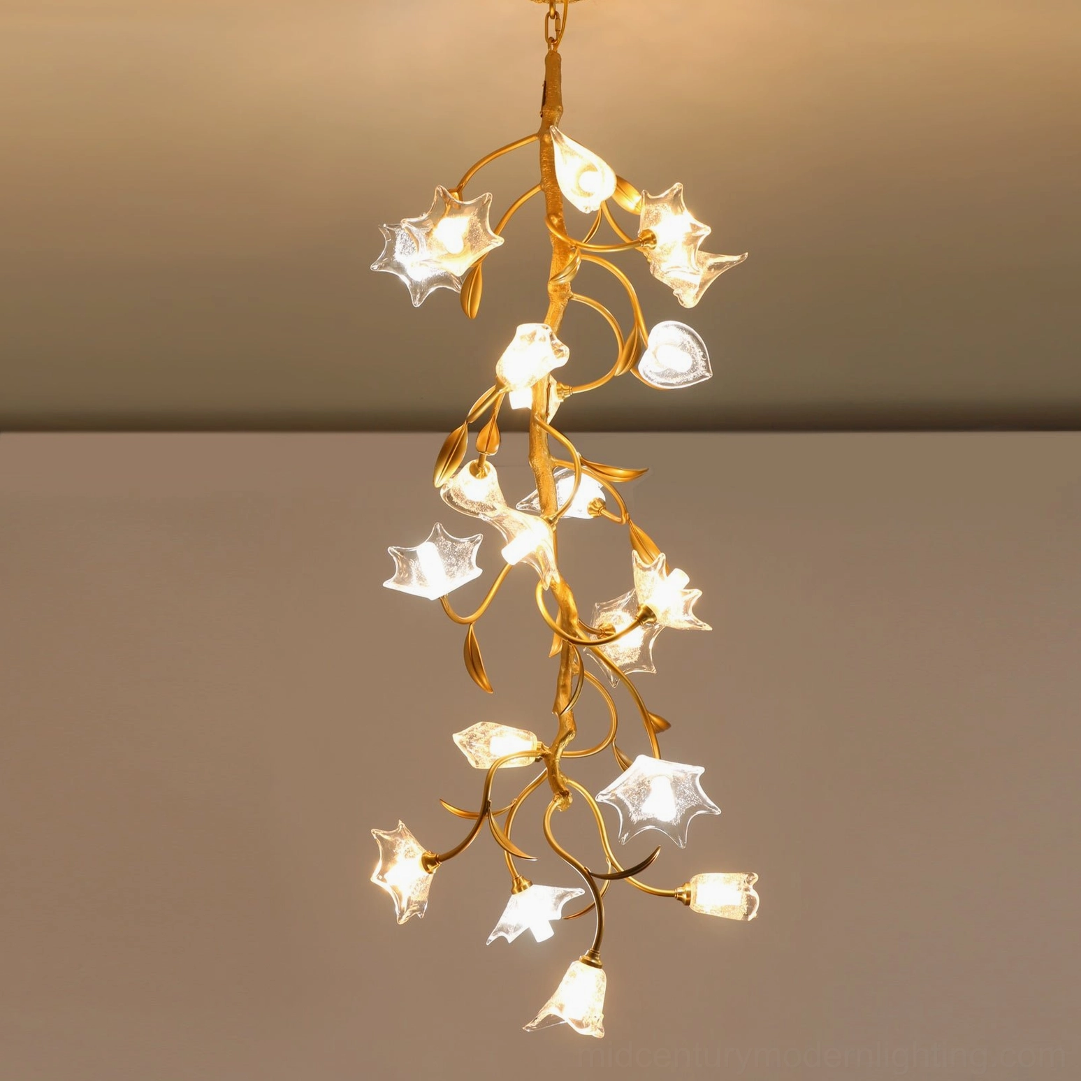 Botanical glass branch chandelier with naturalistic design reflecting mid-century modern philosophy