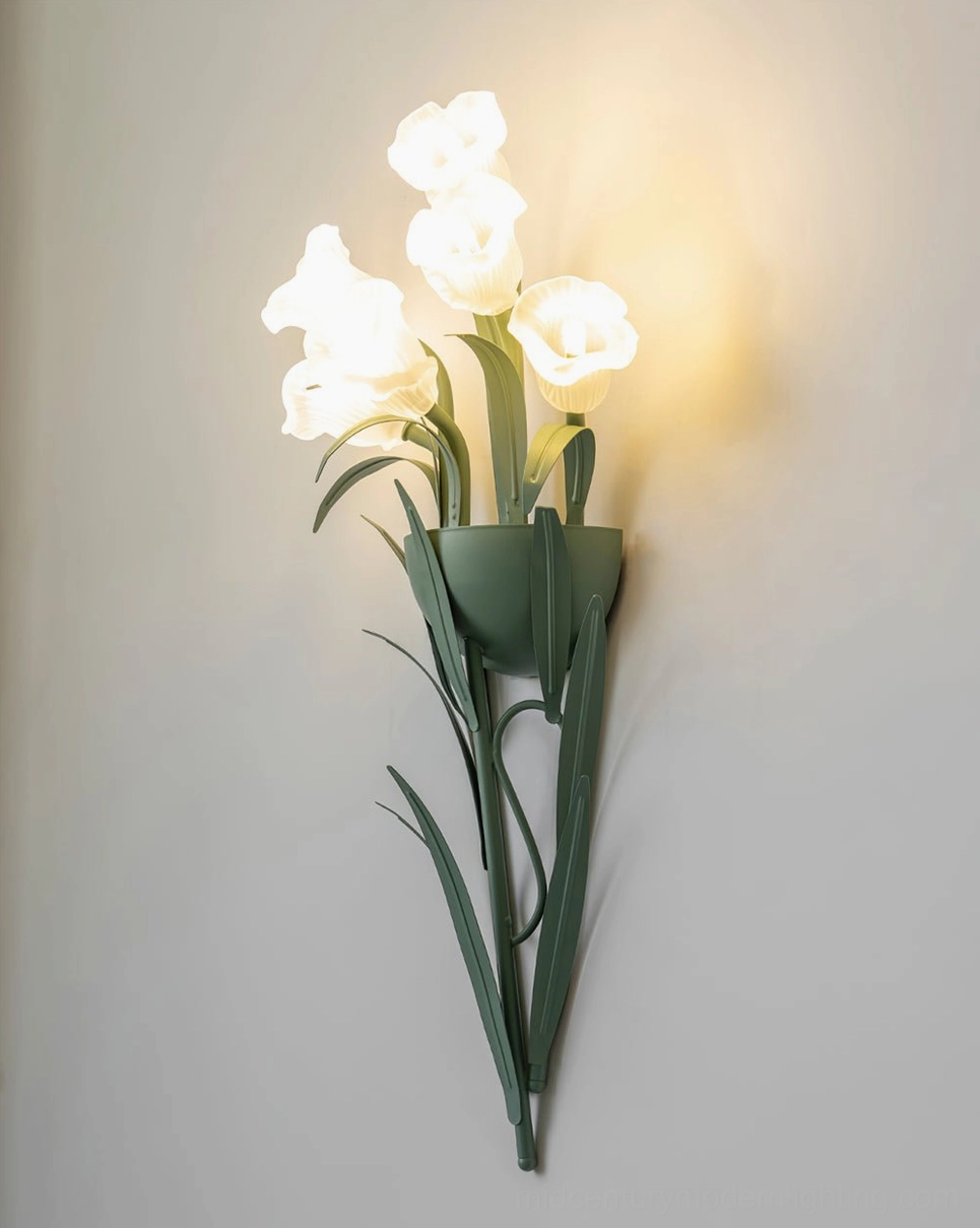 Angled room view of green botanical wall lamp creating sculptural focal point