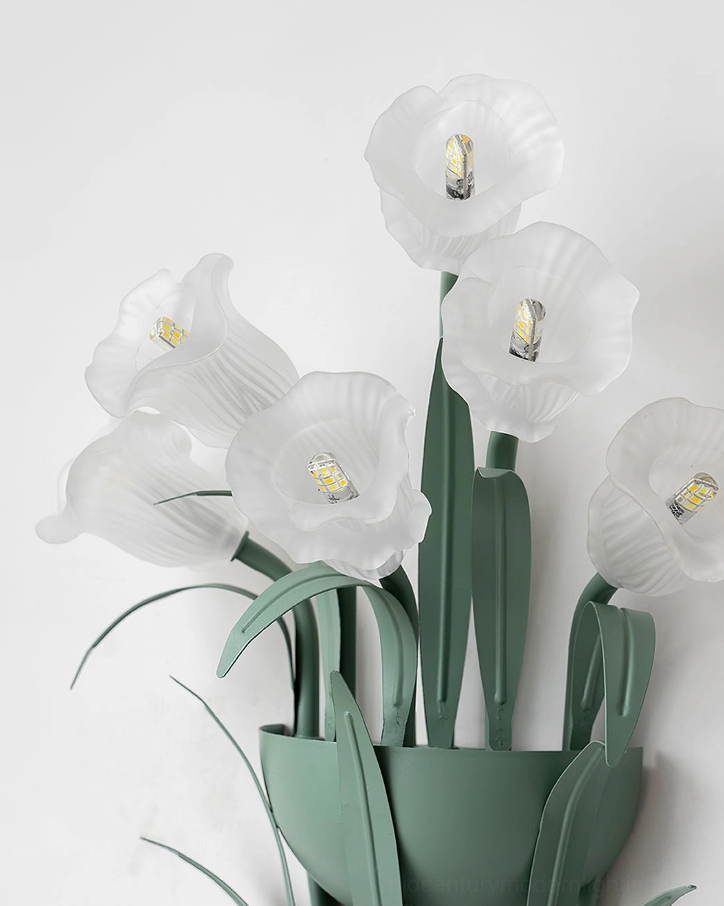 Frosted white acrylic shade and green metal holder, close-up product detail