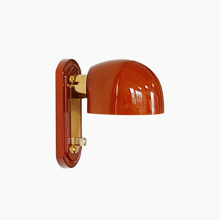 Bradley retro red wall sconce complete with all materials visible—metal body, wood backplate, amber glass dome, and brass accents