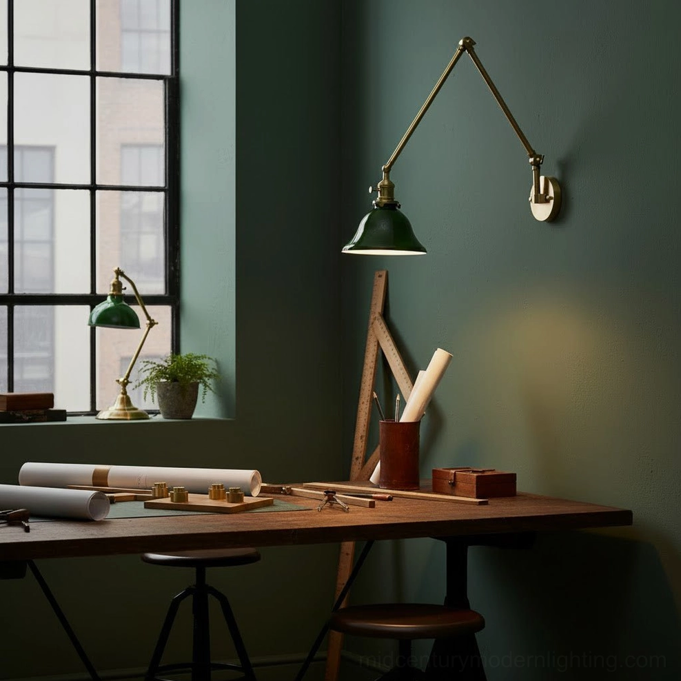 Brady swing arm wall lamp adjustable articulation showing mid-century modern design flexibility