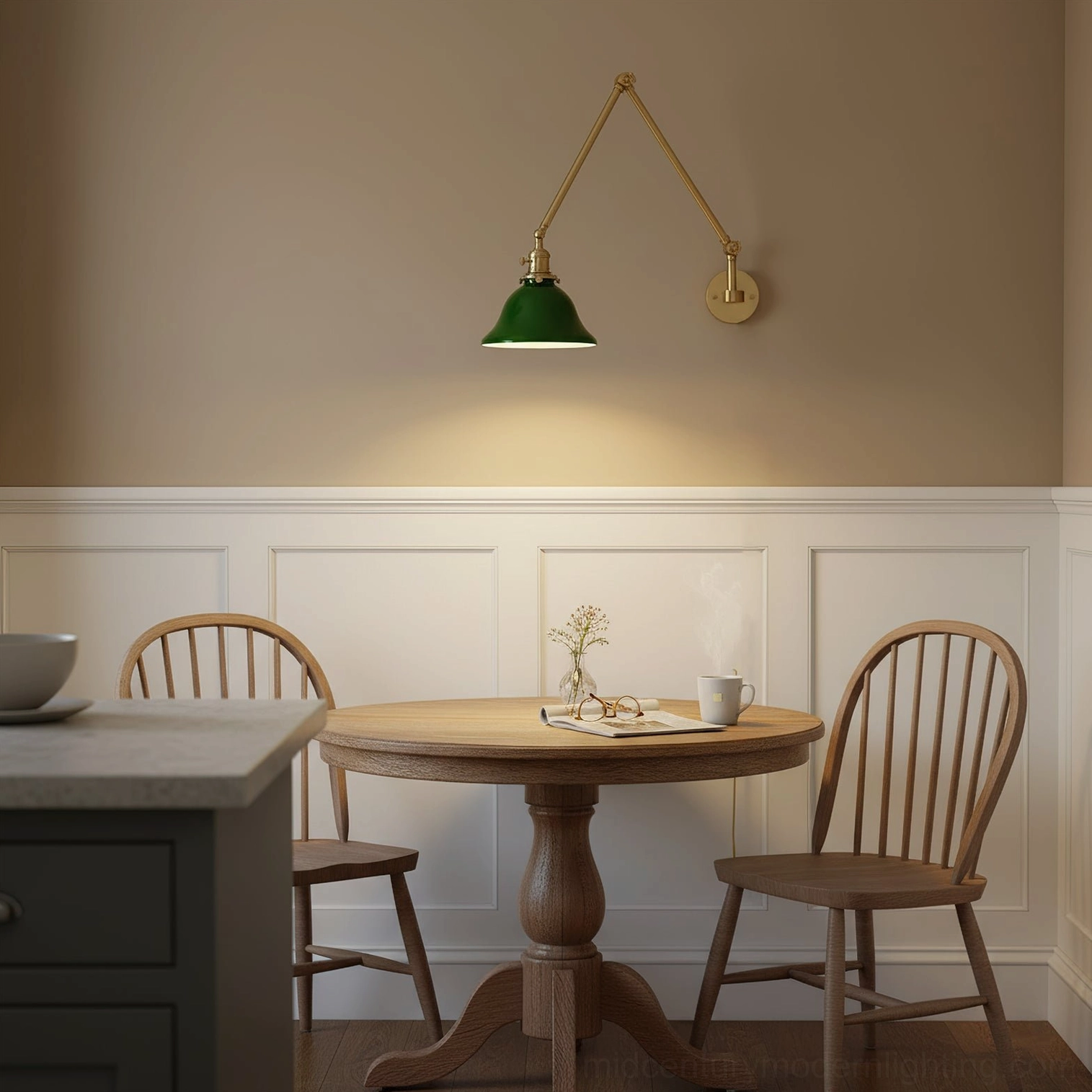 Brady swing arm wall lamp mounted in dining area on wainscoting, period-appropriate lighting