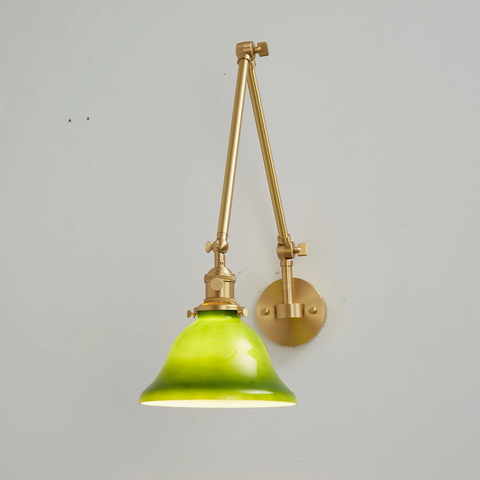 Brady swing arm wall lamp detail showing hand-finished green enamel shade quality