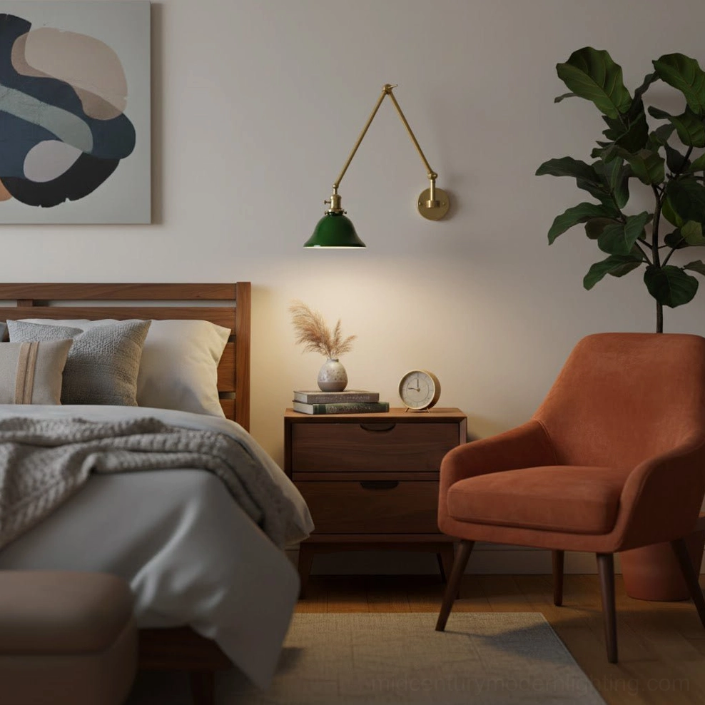Brady swing arm wall lamp in cozy guest bedroom matching warm vintage home decor aesthetic
