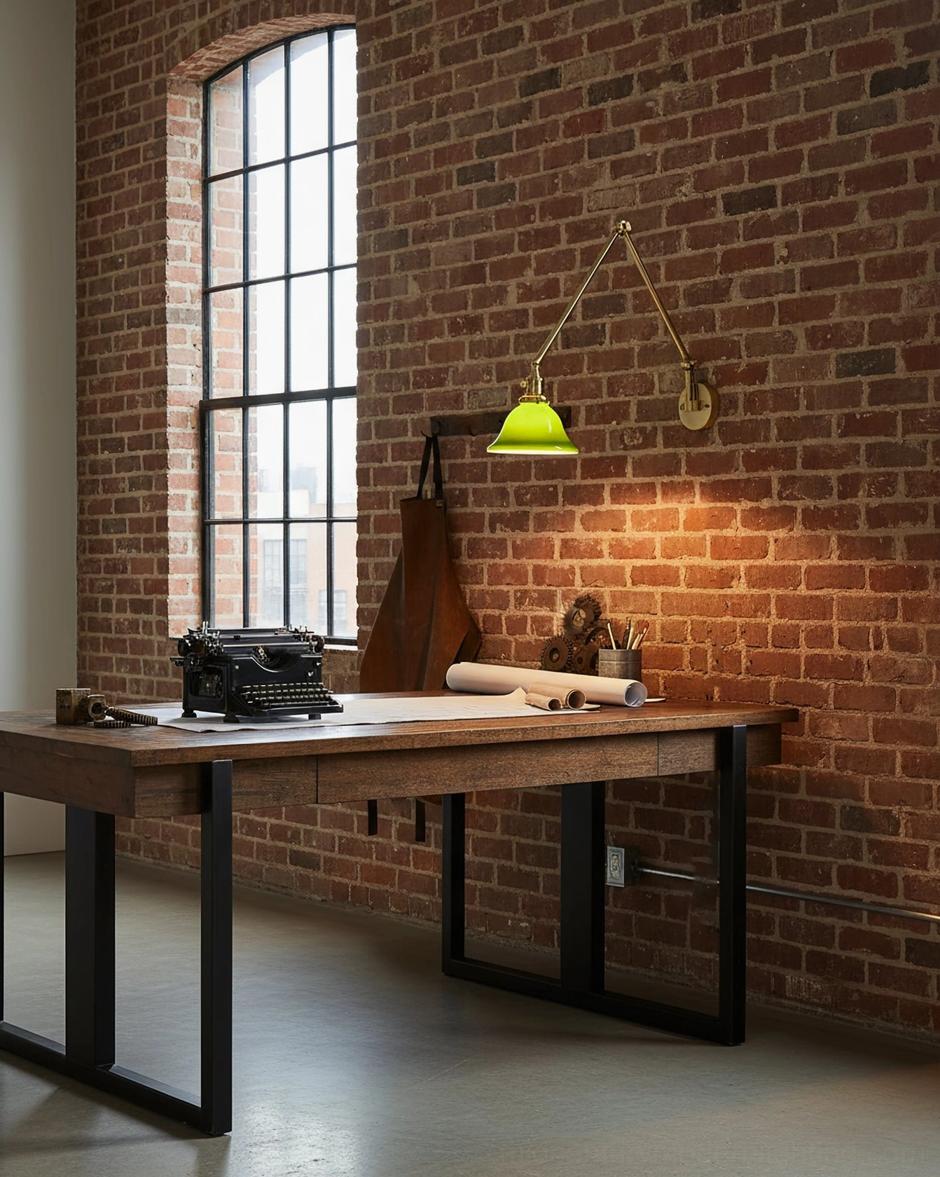 Brady swing arm wall lamp in industrial office workspace, brick wall retro decor setting