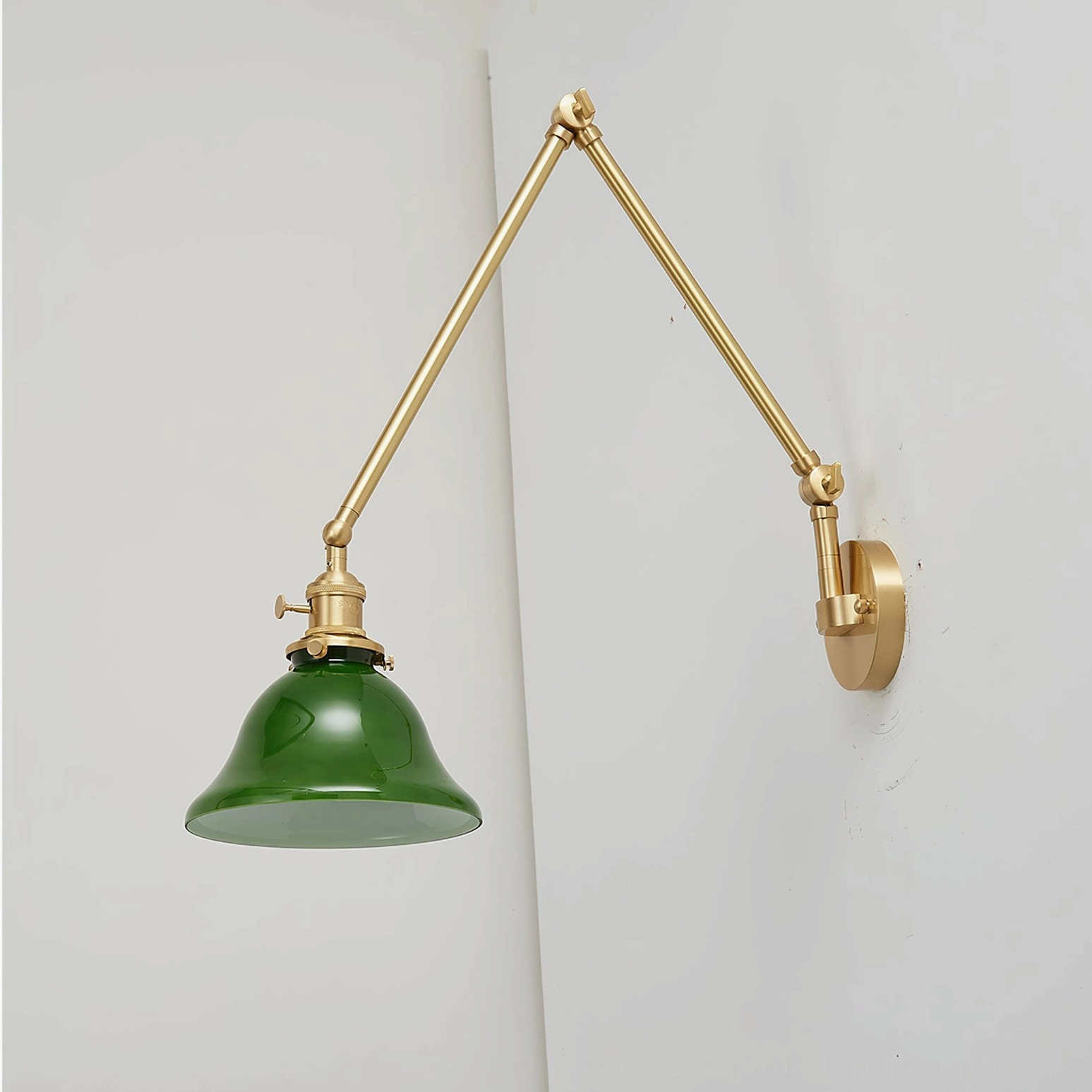 Brady swing arm wall lamp in modern bedroom interior with mid-century modern furnishings