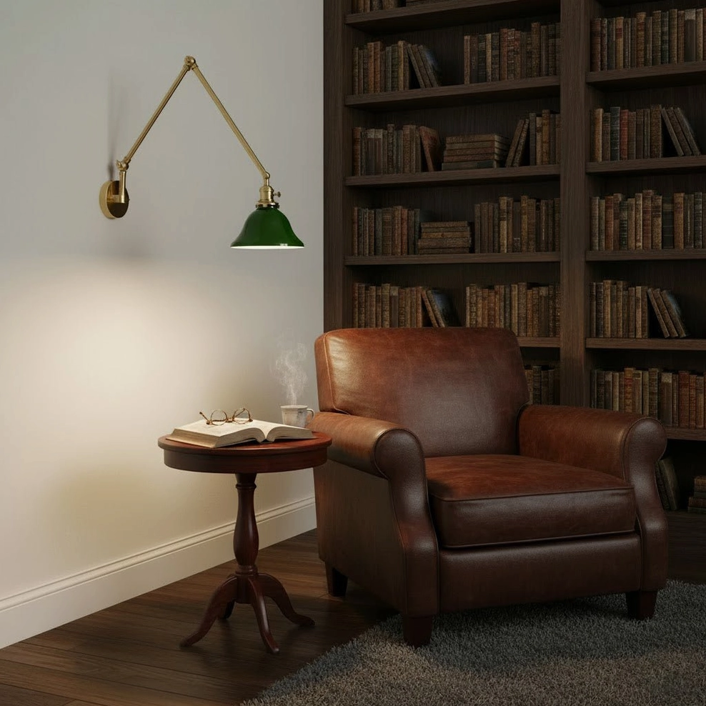 Brady swing arm wall lamp in library reading nook corner, warm task reading lighting design