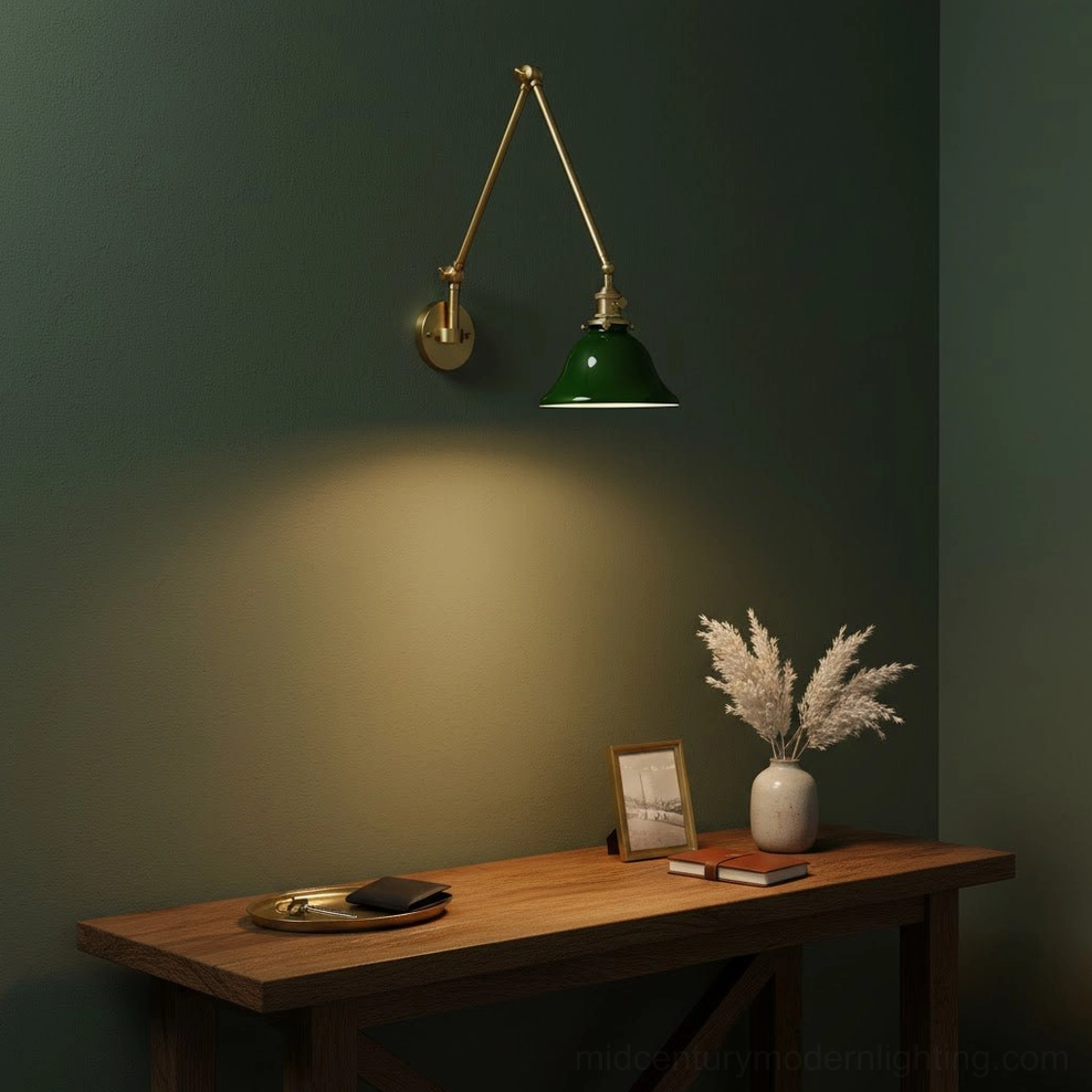 Brady swing arm wall lamp full view mounted on interior wall with ambient lighting effect