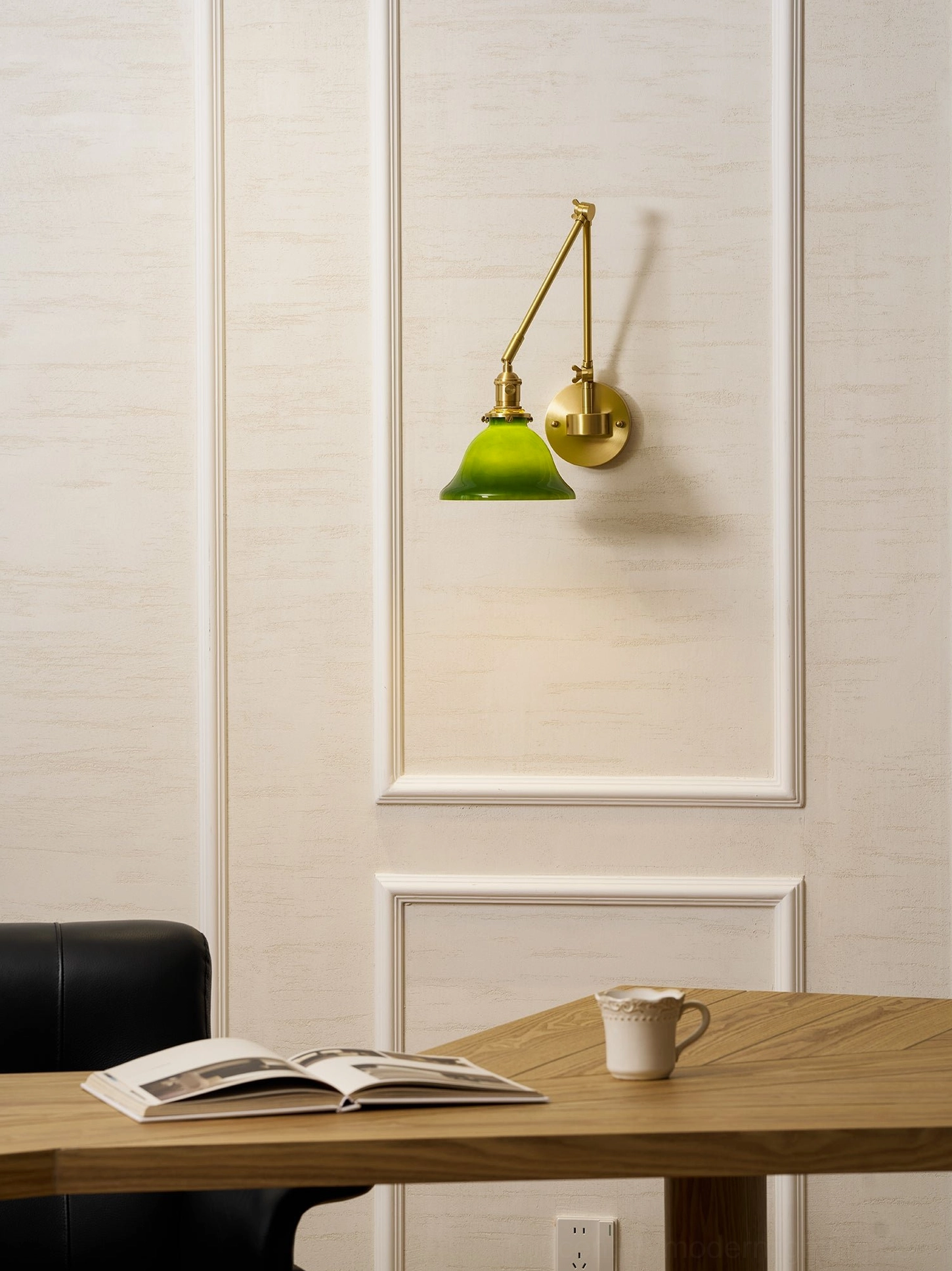 Brady wall lamp architectural view showing brass frame structure and green shade geometry