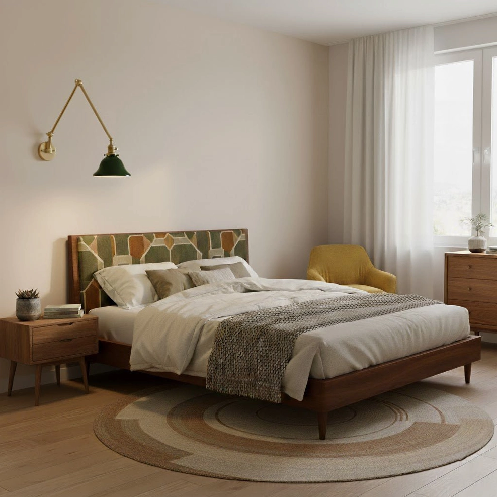 Brady swing arm wall lamp in mid-century modern master bedroom providing warm bedside lighting
