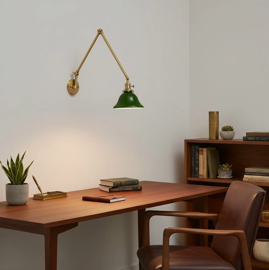 Brady wall lamp green enamel shade with brass frame architectural lighting detail