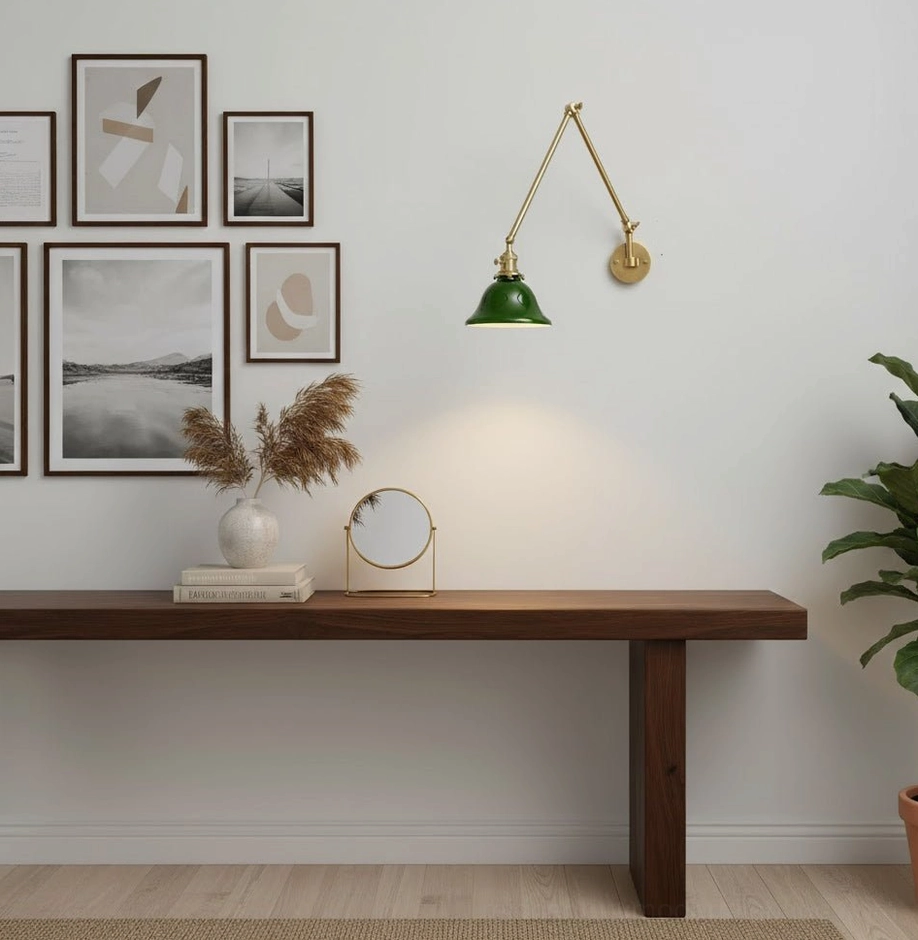 Brady wall lamp in minimalist home office with long desk, Scandinavian neutral style workspace