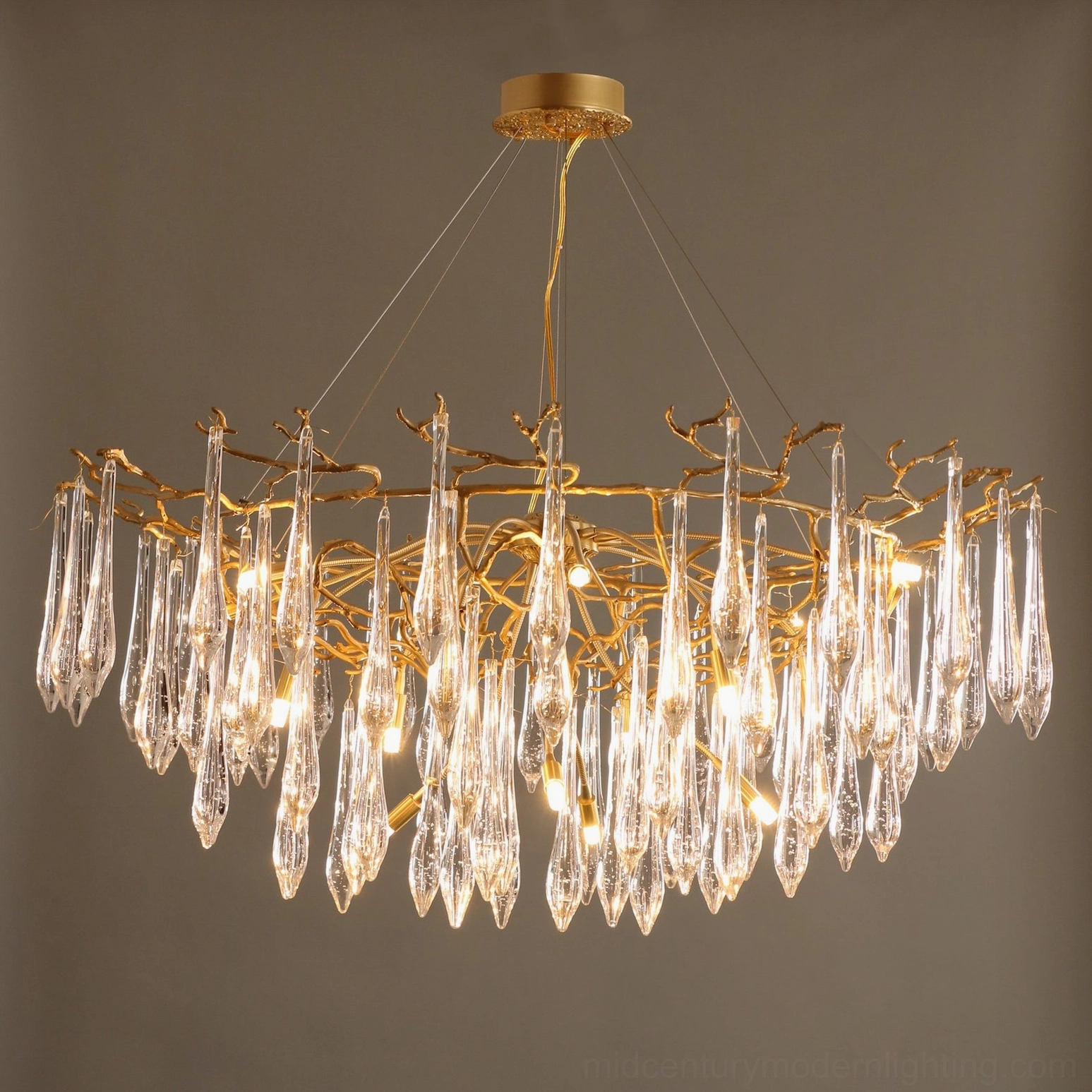 Branch brass chandelier 8 heads complete front view product photography white background