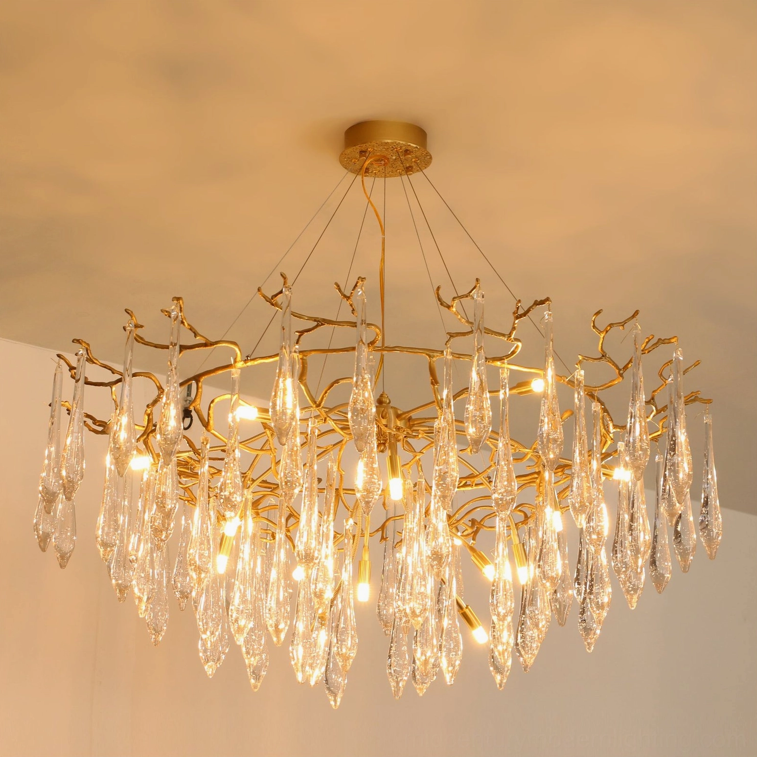 Branch chandelier 10 heads side profile showing elegant proportions and glass pendant arrangement
