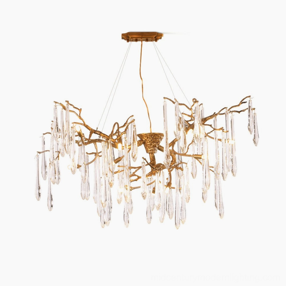 Branch Raindrop Crystal Chandelier with antique brass frame and clear glass pendant drops against white background, showcasing mid-century modern design