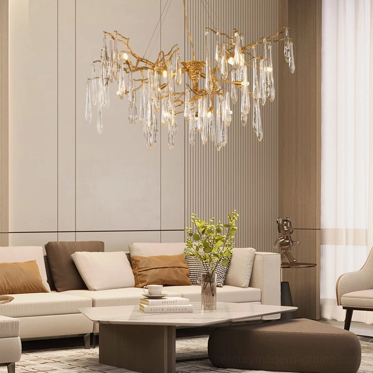 Branch Raindrop Chandelier in modern luxury living room interior, side perspective showing architectural integration and minimalist aesthetic