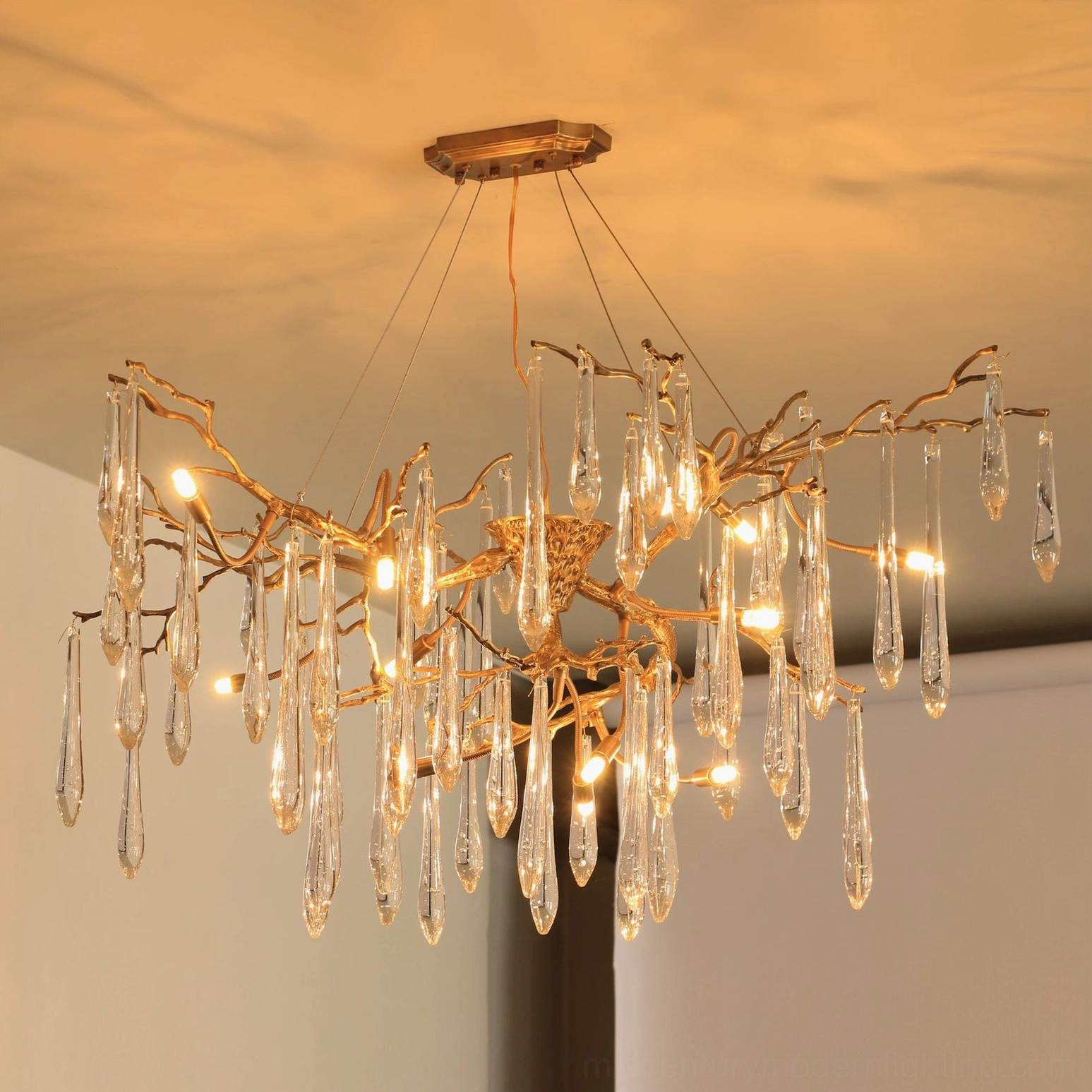 Overhead view of Branch Raindrop Crystal Chandelier with warm yellow illuminated bulbs and natural branch-shaped brass frame, artistic lighting effect