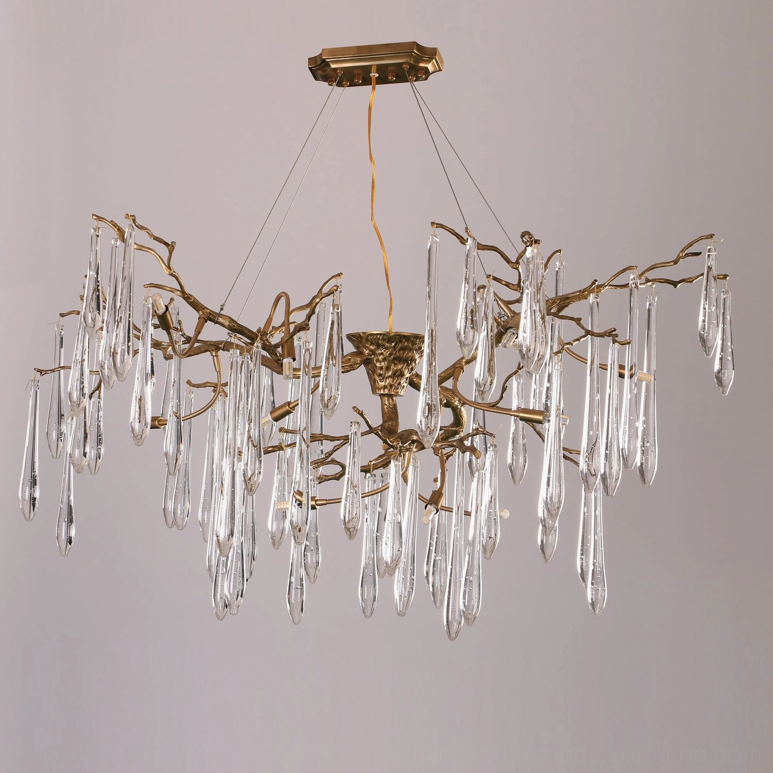 Unlit Branch Raindrop Crystal Chandelier showcasing detailed antique bronze brass framework and hand-crafted crystal rain drop accessories