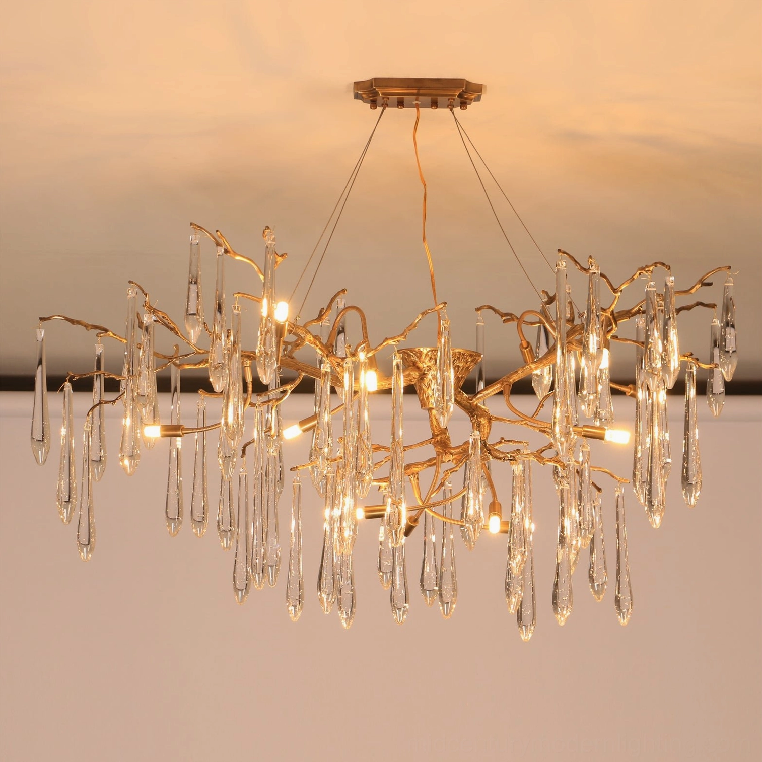 Branch Raindrop Crystal Chandelier with antique brass branches and transparent glass rain drops, mid-century modern lighting fixture