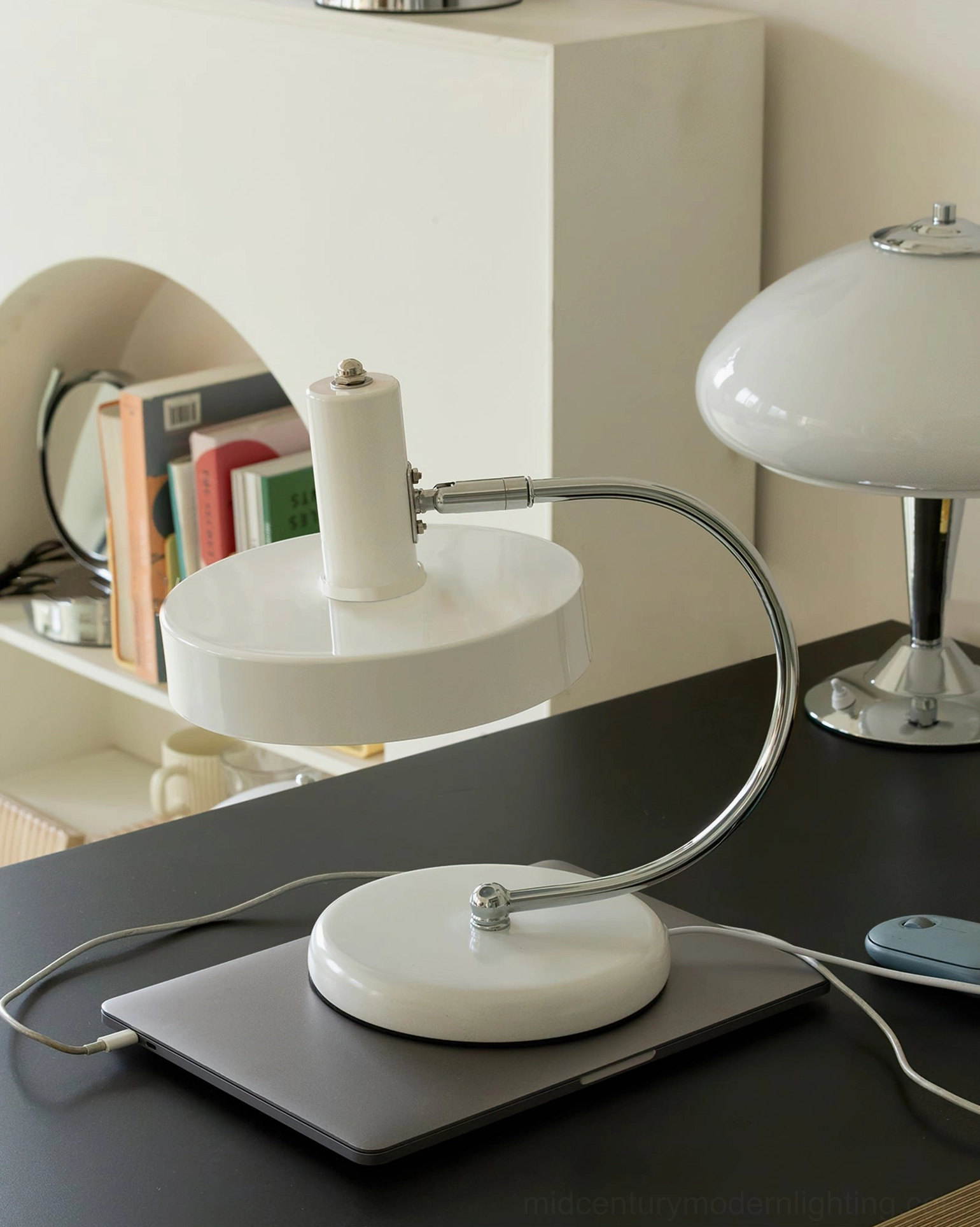 Overhead view of minimalist Brano white table lamp in contemporary home office workspace