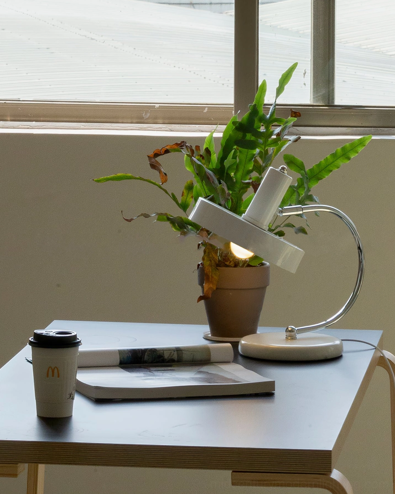 Tilted Brano white metal lamp beside coffee and reading material by window, casual living