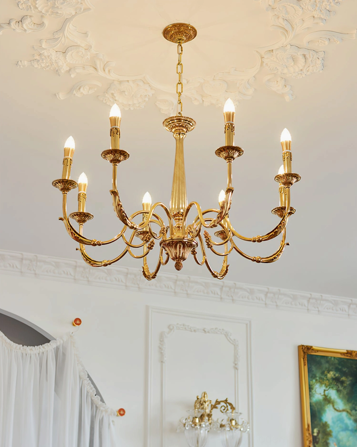 Brass candle chandelier fixture showing complete frame structure and decorative brass components