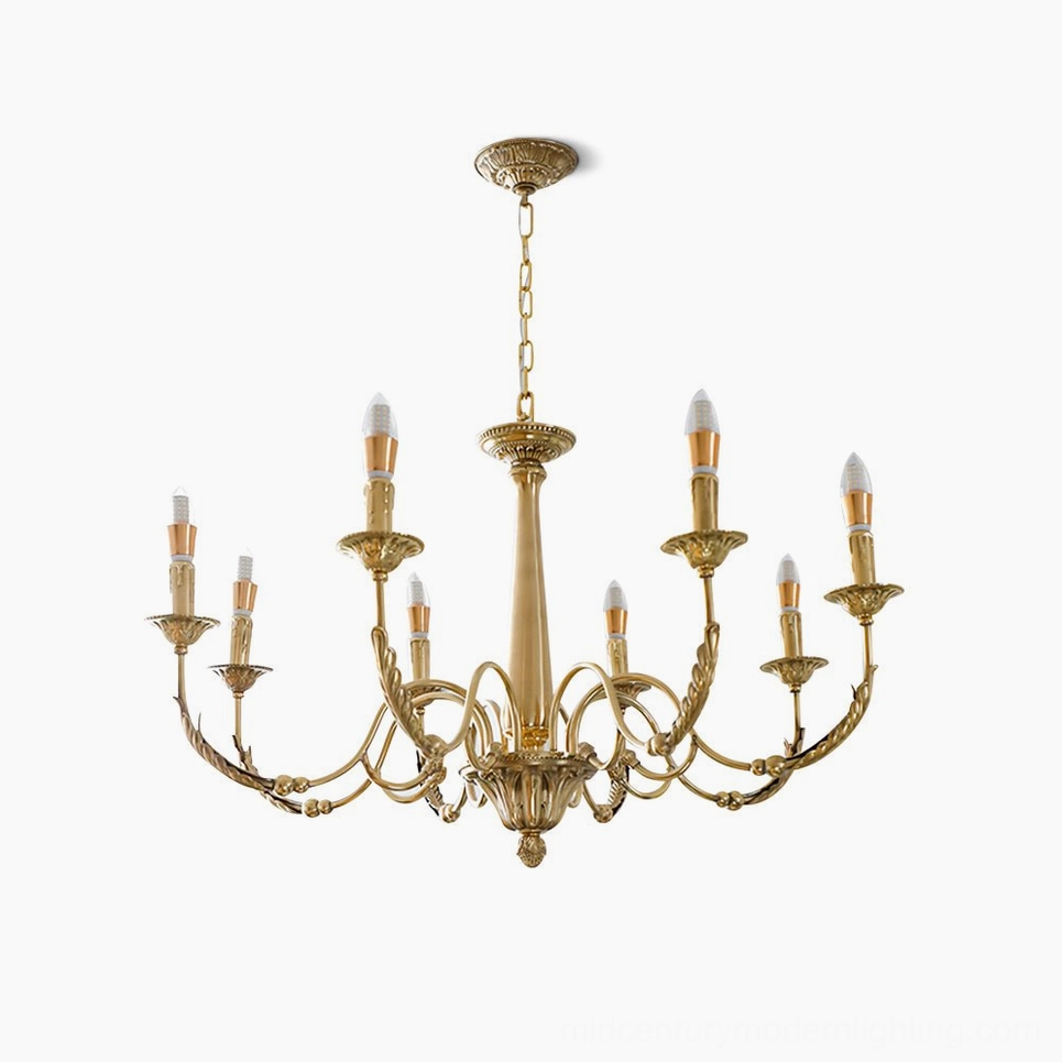 Vintage brass candle chandelier with polished gold finish displayed on studio white background