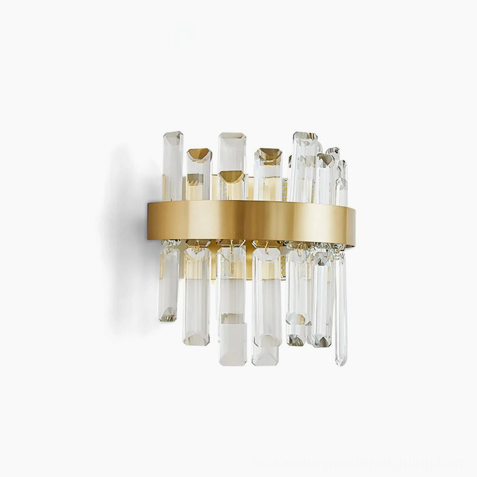 Brass crystal wall sconce with dual E14 sockets and cascading opaque crystal rods, studio front view showing geometric modern design