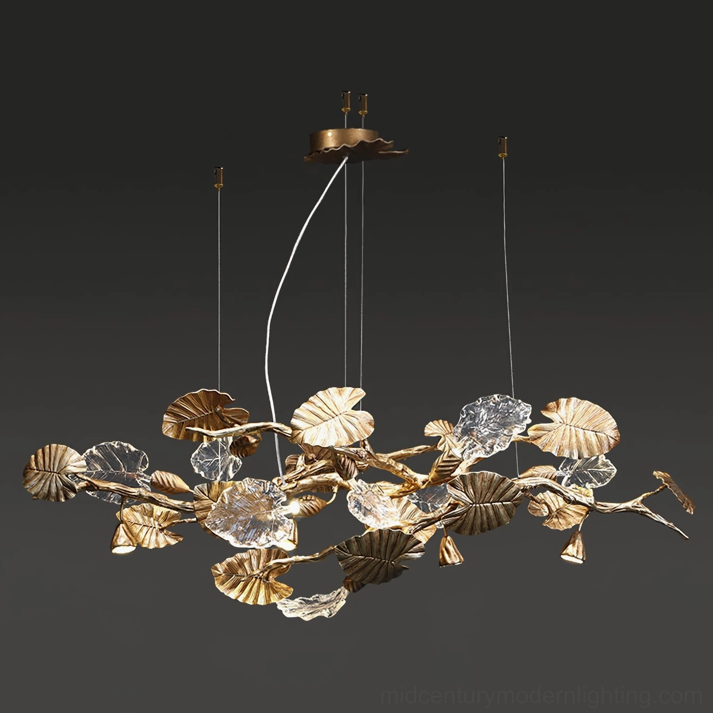 Brass leaf chandelier 10-head configuration - alternative arrangement with gold metal and crystal leaf decor