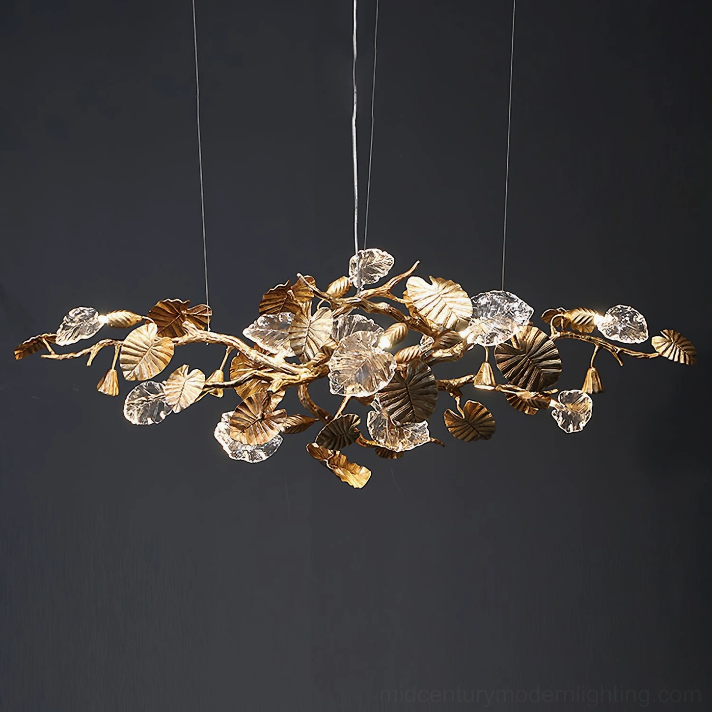 Brass leaf chandelier 12-head mid-size model - polished brass linear pendant for residential spaces