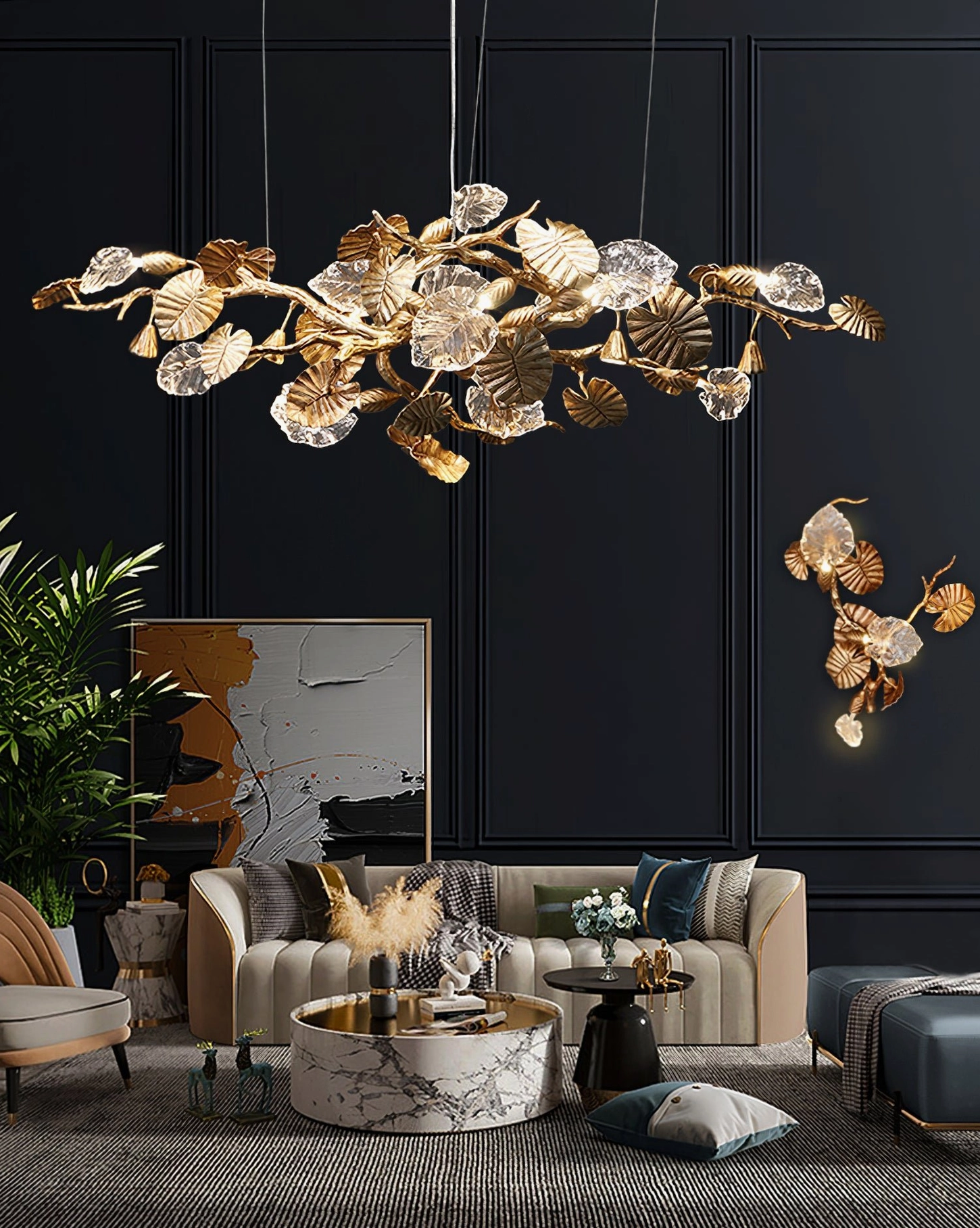 Brass leaf chandelier canopy detail - single ceiling mount attachment point for modern pendant fixture