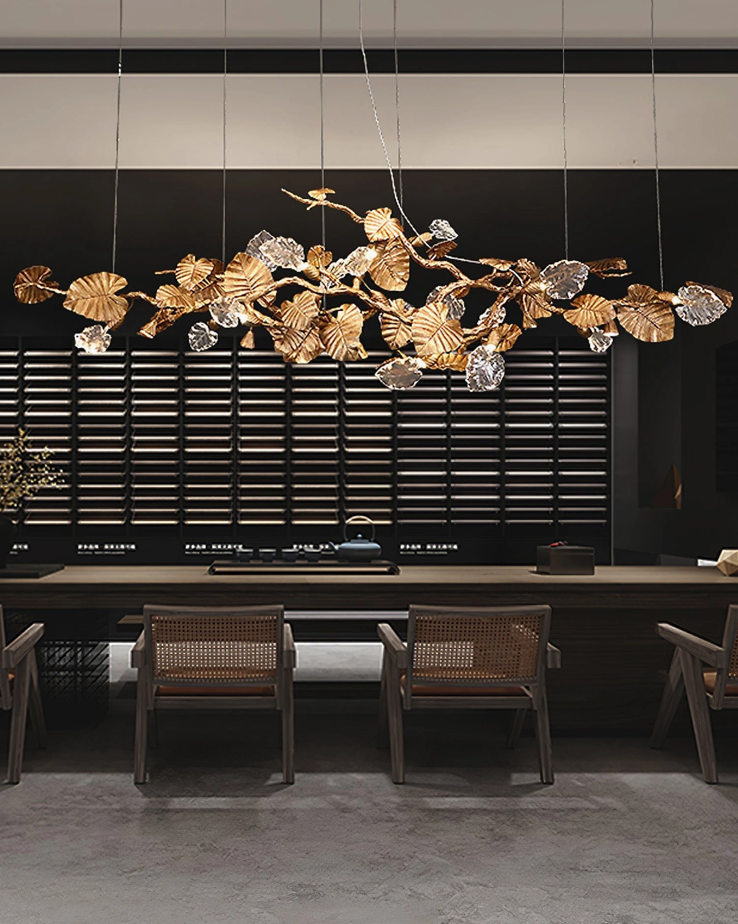 Brass leaf chandelier cool white light - contemporary LED pendant with neutral color temperature